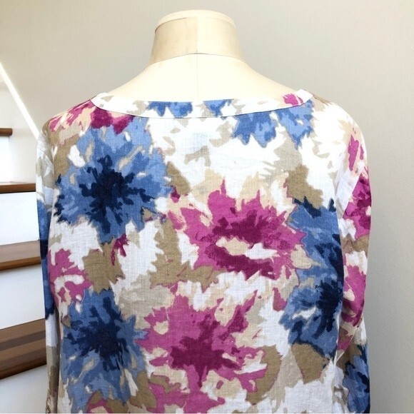 JM Collection Blouse Womens 14 Purple Blue Linen Watercolor Floral Asymmetrical - Picture 8 of 12